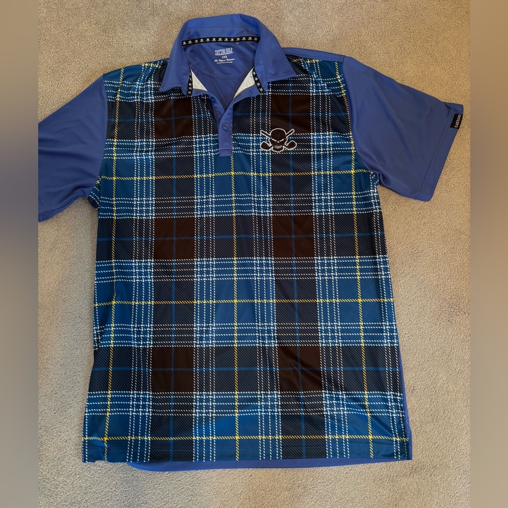 Tattoo Golf Blue and Black Polo Shirt with Plaid Design